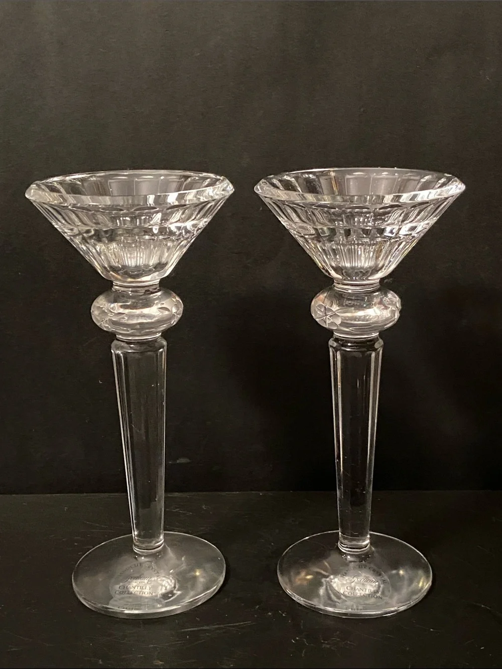 pair of Gorham Chantilly Collection crystal candlestick taper votive holders